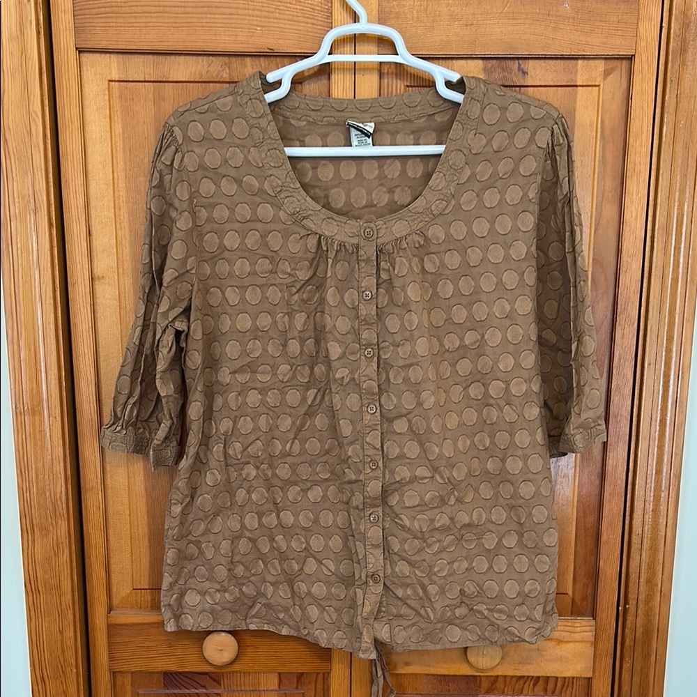 Route 66 Brown 3/4 Sleeve Blouse 3X EUC • Tie‑Back Button‑Down Top